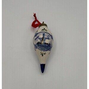 Vtg Dutch Windmill Delft Christmas Ornament Teardrop Shape White & Blue Aruba